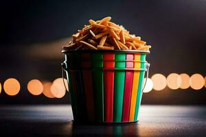 un' secchio pieno con francese patatine fritte seduta su un' tavolo. ai-generato foto