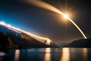 un' razzo è volante al di sopra di un' montagna a notte. ai-generato foto