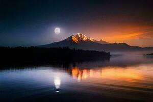 un' pieno Luna sorge al di sopra di un' montagna e lago. ai-generato foto