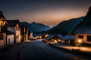 foto sfondo il cielo, montagne, strada, case, il villaggio, il strada, il villaggio. ai-generato