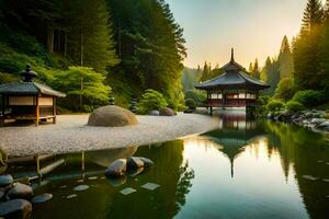 un' giapponese pagoda si siede nel il mezzo di un' stagno. ai-generato foto