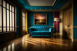 blu divano nel un' camera con legna piani e un' la pittura. ai-generato foto