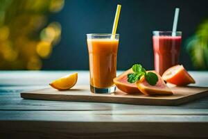 Due bicchieri di succo su un' di legno tavolo. ai-generato foto