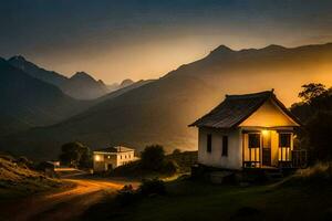 un' piccolo Casa nel il montagne a tramonto. ai-generato foto