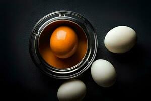 un uovo nel un' metallo ciotola con tre uova. ai-generato foto