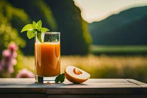 un' bicchiere di arancia succo con un' fetta di pesca. ai-generato foto