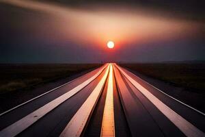 un' lungo strada con il sole ambientazione dietro a esso. ai-generato foto