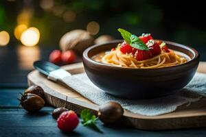 spaghetti con pomodori e basilico su un' di legno tavolo. ai-generato foto