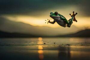 un' rana salto su di il acqua a tramonto. ai-generato foto
