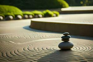 un' zen giardino con pietre nel il mezzo. ai-generato foto