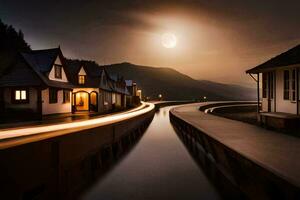 un' lungo esposizione foto di un' fiume e case a notte. ai-generato