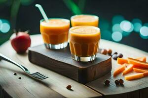 un' bicchiere di arancia succo con carote e mele. ai-generato foto