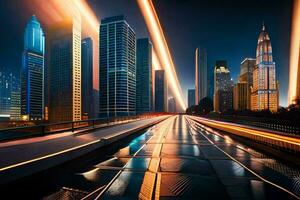 un' città strada a notte con leggero sentieri. ai-generato foto