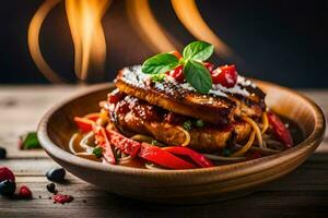 un' piatto di cibo con carne e verdure su un' di legno tavolo. ai-generato foto