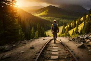 un' persona a piedi su Ferrovia brani nel il montagne. ai-generato foto