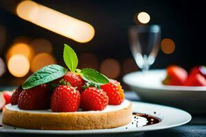 un' fragola torta con fragole su superiore su un' piatto. ai-generato foto