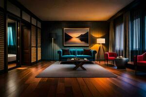 un' Hotel camera con un' blu divano e rosso sedie. ai-generato foto