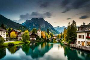 foto sfondo il cielo, montagne, acqua, alberi, Casa, lago, Casa, fiume,. ai-generato