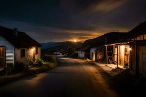 un' strada a notte con un' Casa e un' montagna nel il sfondo. ai-generato foto