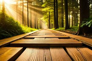 un' di legno sentiero nel il foresta con raggi di sole splendente attraverso. ai-generato foto