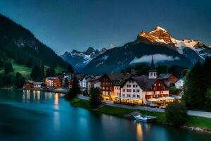 foto sfondo montagne, il notte, il cittadina, il fiume, il montagne, il lago,. ai-generato