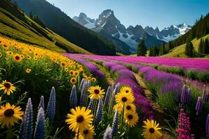 un' campo di fiori selvatici e girasoli nel davanti di montagne. ai-generato foto