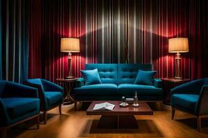 un' vivente camera con blu divani e rosso tende. ai-generato foto