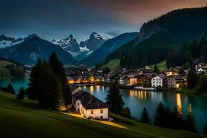 il villaggio di svizzero Alpi a crepuscolo. ai-generato foto