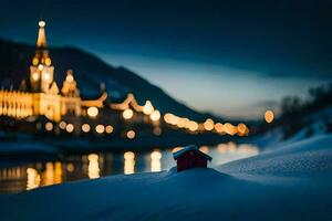 un' piccolo rosso Casa si siede su il neve coperto terra vicino un' fiume. ai-generato foto