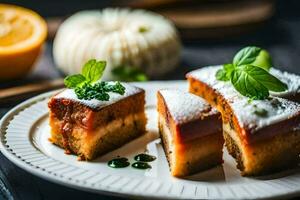 un' piatto con Due fette di torta su esso. ai-generato foto