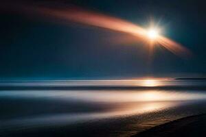 un' lungo esposizione fotografia di il sole splendente al di sopra di il oceano. ai-generato foto