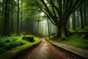 un' sentiero attraverso un' verde foresta con alberi. ai-generato foto