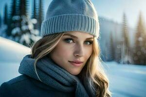 un' bellissimo donna nel un' inverno cappello e sciarpa. ai-generato foto