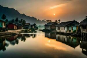 un' fiume nel il mezzo di un' villaggio a tramonto. ai-generato foto