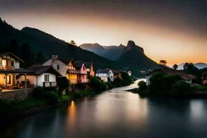 foto sfondo il cielo, montagne, fiume, case, il tramonto, il montagne, il fiume. ai-generato