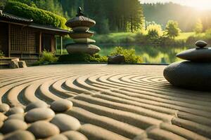 un' zen giardino con rocce e acqua. ai-generato foto