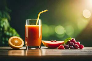 un' bicchiere di arancia succo con un' cannuccia e frutta. ai-generato foto