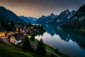 un' lago e montagna villaggio a crepuscolo. ai-generato foto