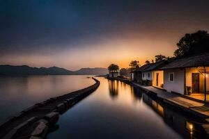 un' Casa su il acqua a tramonto. ai-generato foto