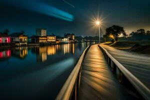 un' lungo esposizione foto di un' fiume a notte. ai-generato