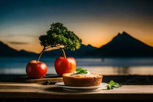 il Mela torta è su un' di legno tavolo con un' Visualizza di il montagne. ai-generato foto