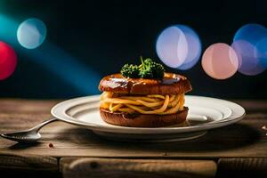 un' piatto con spaghetti e broccoli su esso. ai-generato foto