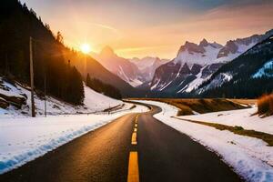 un' strada nel il montagne con neve e montagne nel il sfondo. ai-generato foto