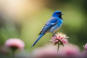 un' blu uccello è arroccato su un' rosa fiore. ai-generato foto