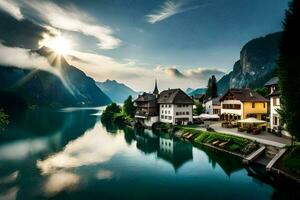 un' bellissimo lago e cittadina nel il montagne. ai-generato foto