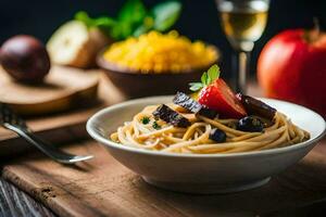 spaghetti con funghi e frutti di bosco su un' di legno tavolo. ai-generato foto