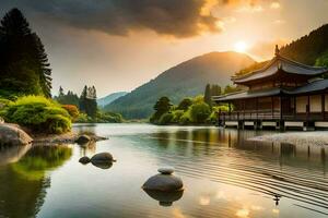 un' giapponese pagoda si siede su il riva di un' lago. ai-generato foto