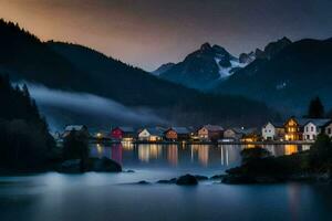 un' villaggio nel il montagne a crepuscolo. ai-generato foto