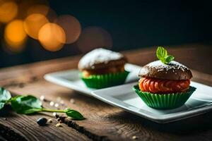 Due piccolo cupcakes su bianca piatti con menta le foglie. ai-generato foto