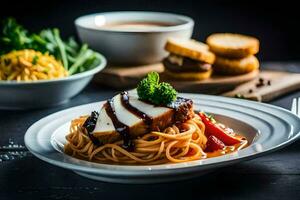 un' piatto di cibo con spaghetti e carne. ai-generato foto